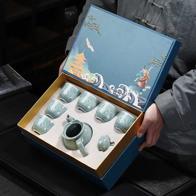 青瓷大容量功夫茶具套装家用陶瓷七头大号泡茶壶茶杯整套礼品可订