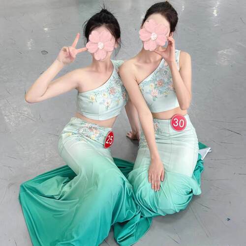 儿童傣族舞蹈演出服练功裙鱼尾裙孔雀舞表演服装女童艺考舞裙