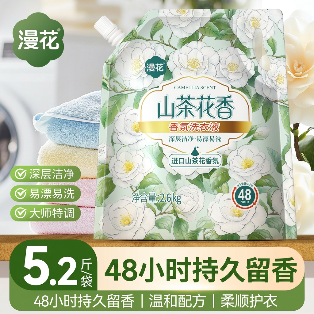 漫花金装山茶花香氛洗衣液2.6kg强力去污48h持久留香补充液家庭装