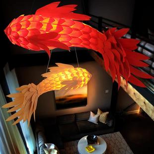 楼梯间木艺鱼形吊灯新中式 餐厅酒吧酒店前台包厢造型氛围民宿茶室