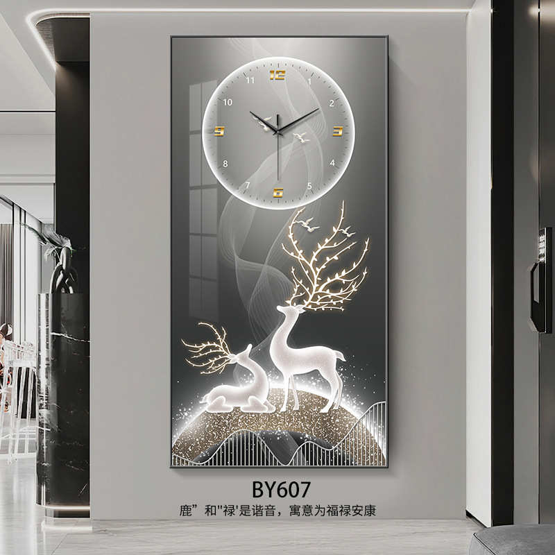 玄关钟表装饰画现代简约麋鹿壁画客厅走廊挂画过道竖版时钟晶瓷画图片