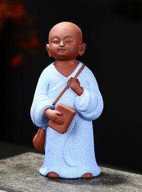 禅意人物茶宠具茶中玩国风沙家弥居书桌饰FDU品陶瓷茶小和尚摆件