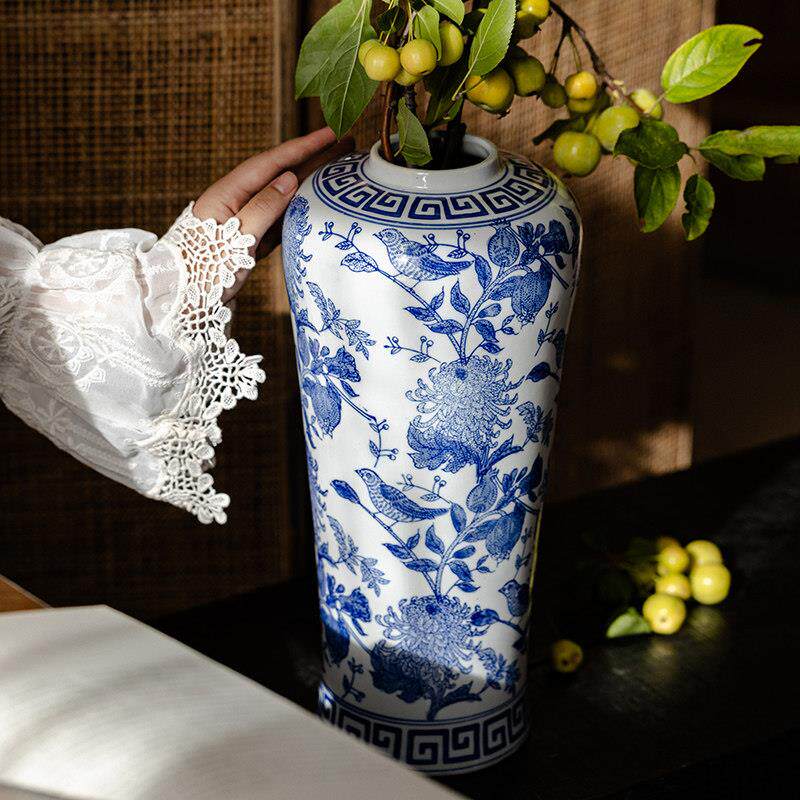 青花瓷花瓶摆件大号复古中式客厅玄关插花水培高级感装饰陶瓷花瓶
