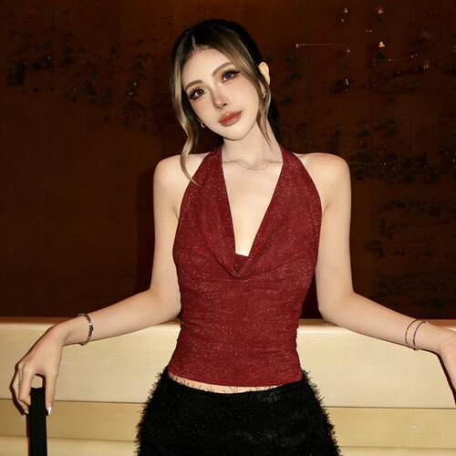 Womens Halter Top Sparkle Glitter Shimmer Ruched Blouse