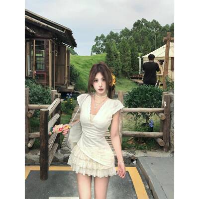 Mejiu蜜九【蕾丝泡沫】假两件蕾丝刺绣洋装女夏季收腰纯欲裙子