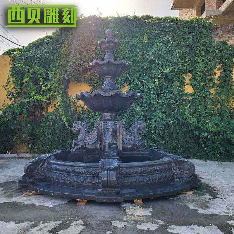 黑色大理石动物喷泉欧式马头石材雕刻流水摆件石雕青石小马喷泉