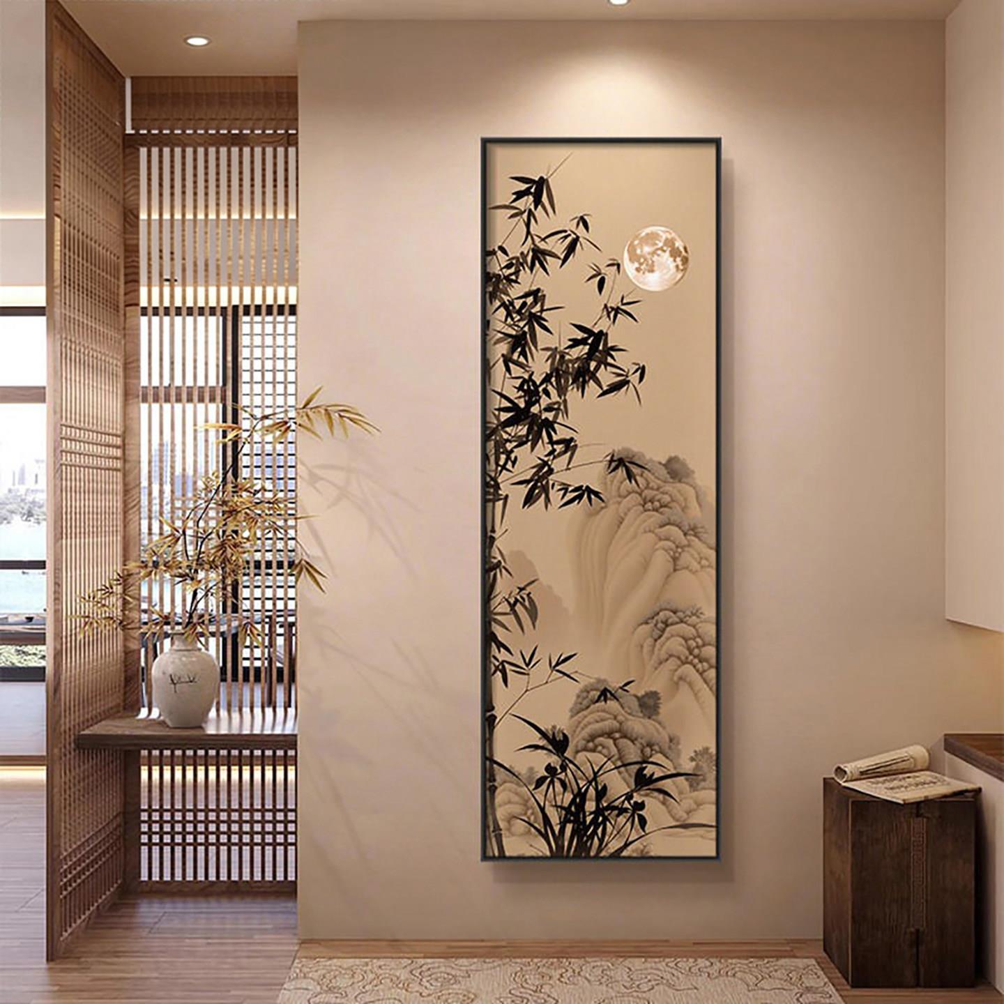 宋代美学竹月玄关装饰画客厅入户背景墙壁画走廊过道对门风景挂画
