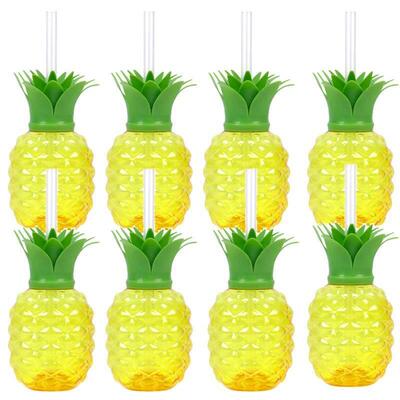 8Pcs Plastic Pineapple Cups with Straw Strawberry Cup Hawaii