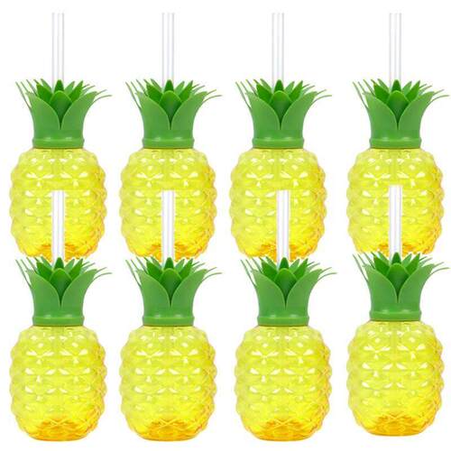 8Pcs Plastic Pineapple Cups with Straw Strawberry Cup Hawaii