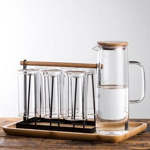 耐高温客厅水壶组合泡茶杯竹木盘 家用双层玻璃绿茶杯直身水杯套装
