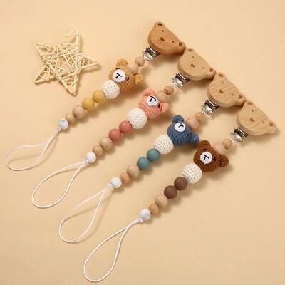 Baby Beech Wood Pacifier Clip Cartoon Animal Crochet Beads S