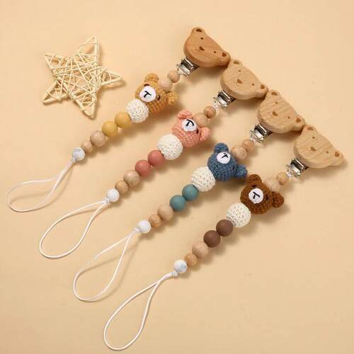 Baby Beech Wood Pacifier Clip Cartoon Animal Crochet Beads S