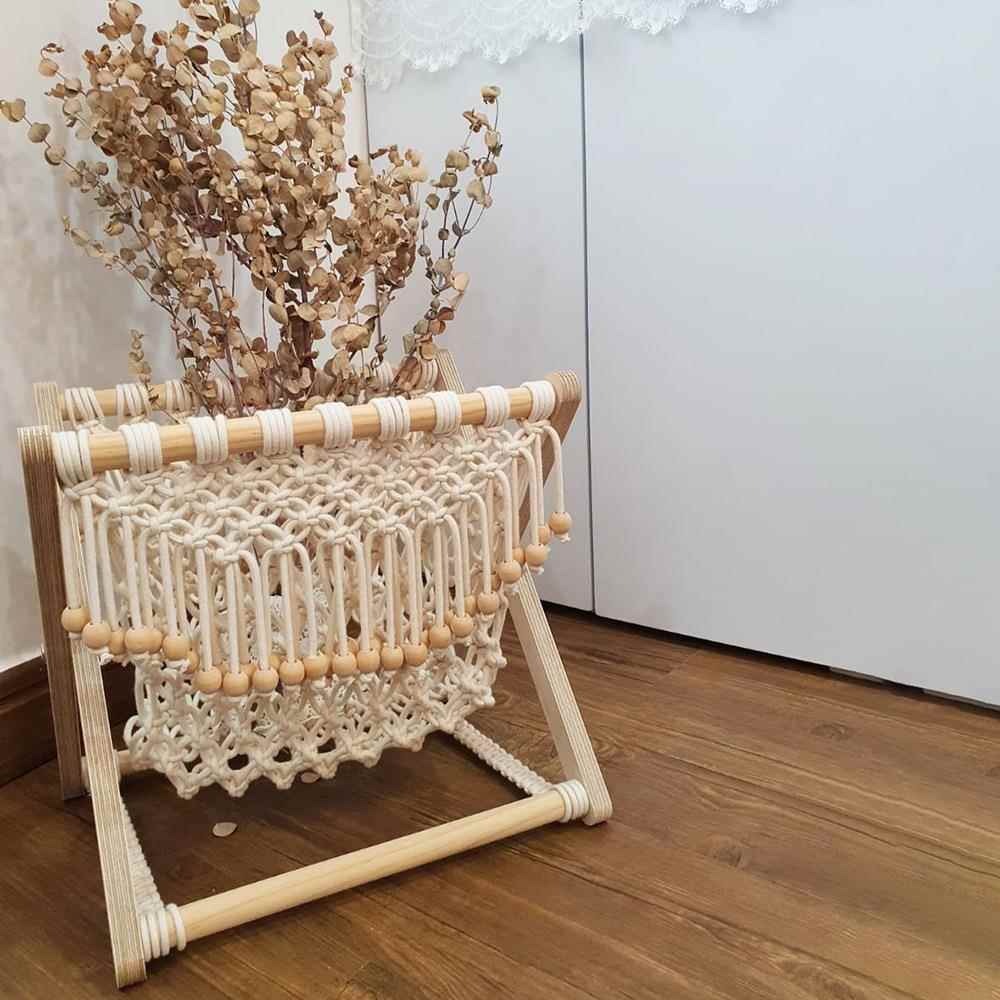 新款北欧棉绳编织收纳架折叠杂志架创意书报架落地置物架拍照道具