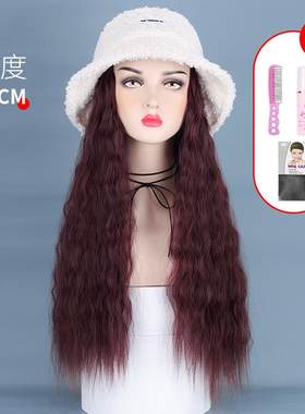 正品假发帽体女时一尚长卷发羊羔毛绒渔夫帽子羊毛卷假发盆帽子可