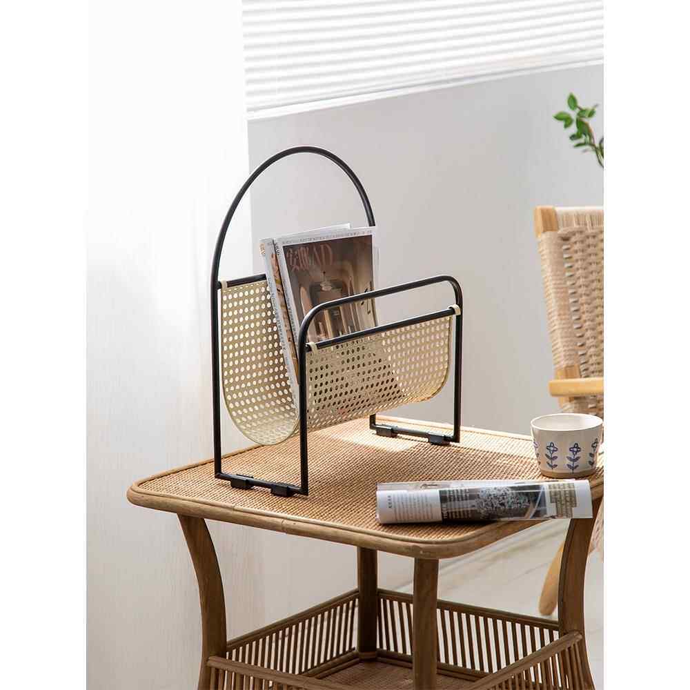 桌面彷藤编铁艺置物架金属简易办公室书报杂志架创意编织收纳架子