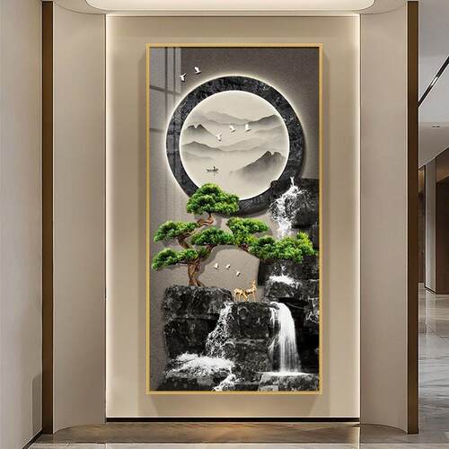 山水画 画流水生财玄关走廊过道装饰画 画入户门正对墙挂画 画高