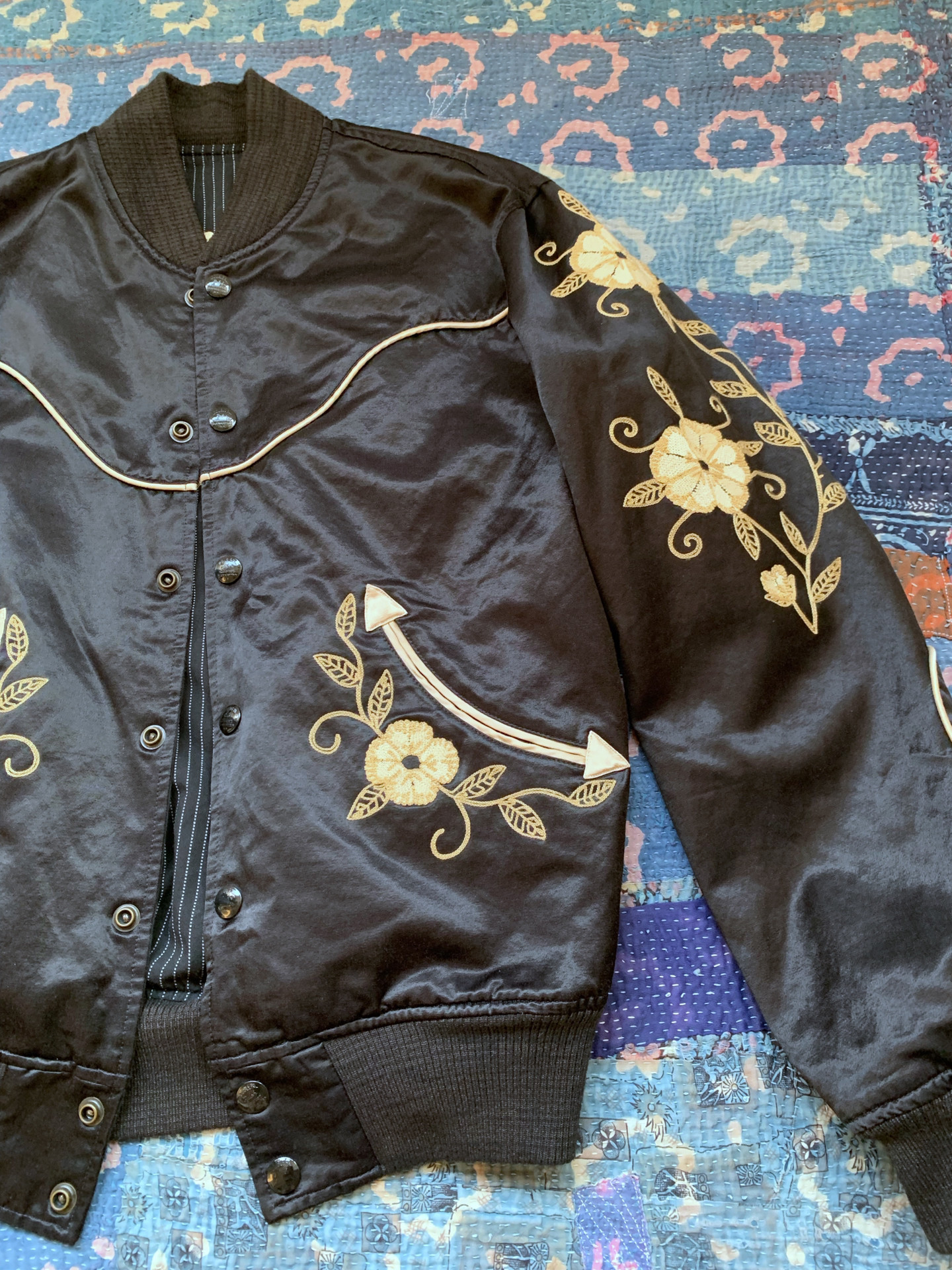 RRL Black Floral Embroidery Baseball Jacket — detail