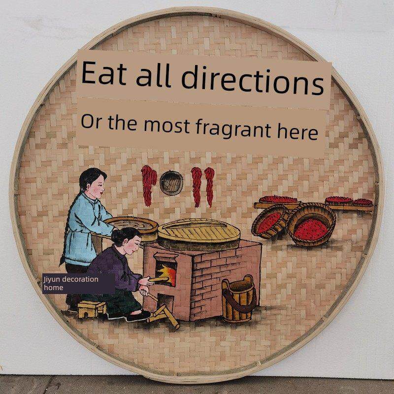 竹编手绘簸箕画装饰品餐厅挂饰米筛墙饰田园农村墙壁挂农家乐挂画