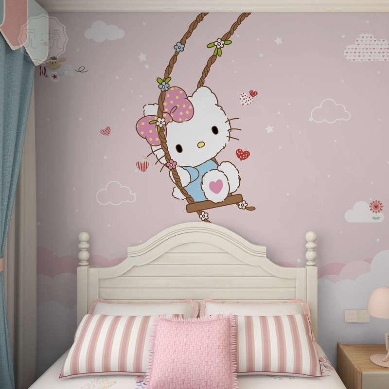 kitty猫墙纸公主房壁纸女儿房墙布儿童房壁布女孩卧室背景墙壁画