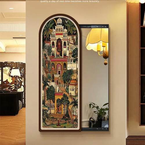 法式复古风镜子装饰画玄关推拉全身镜中古风暗藏式隐形穿衣镜挂画