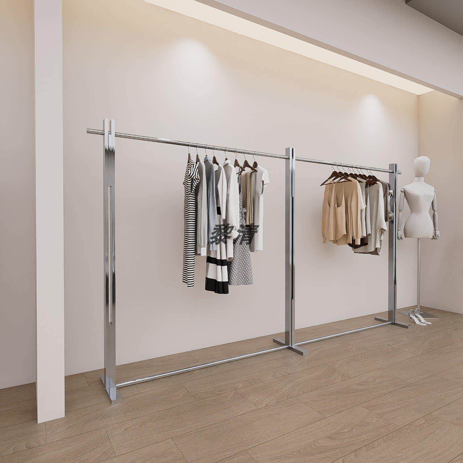 服装店展示架落地式不锈钢陈列架男女装挂衣杆货架中岛架侧挂货架