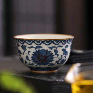 家用冰裂开片陶瓷品茗杯 仿古汝窑缠枝莲压手杯功夫茶杯主人杯中式