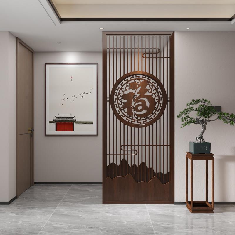 新中式入户玄关实木福字雕刻屏风隔断客厅饭厅镂空木格栅进门遮挡