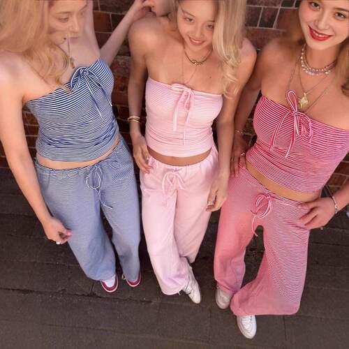 Printed striped knitted strapless lace up pants set