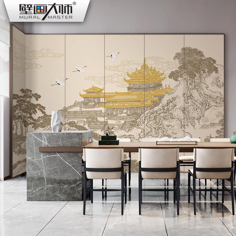 2025新款壁布电视背景墙纸新中式壁纸3d山水楼阁装饰墙布建筑壁画
