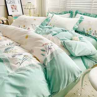 韩式 被罩4 全棉长绒棉床上四件套纯棉刺绣蕾丝花边被套床单床笠款