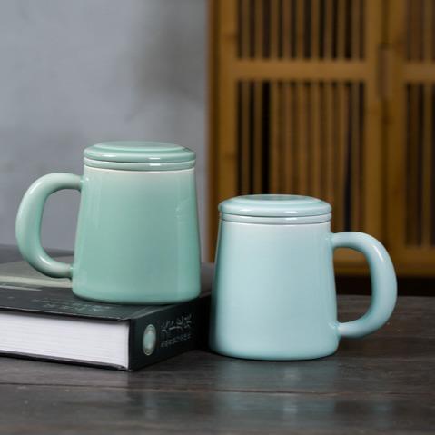 中式陶瓷杯带盖杯子青瓷办公室茶杯个人专用家用素雅质朴陶瓷茶杯