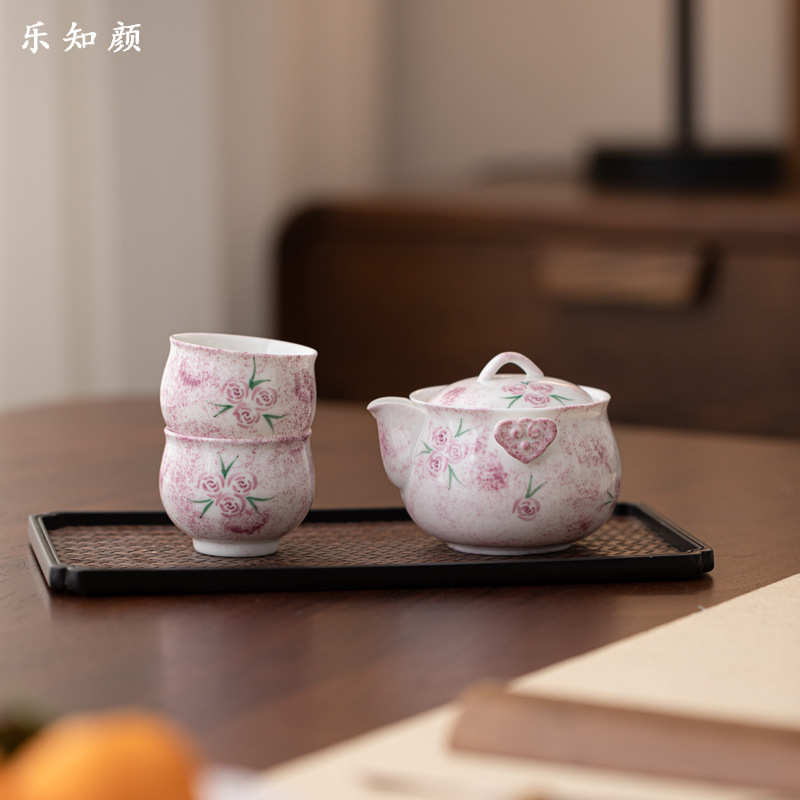 旅行装一壶两杯釉下彩手绘玫瑰花陶瓷功夫茶具茶壶茶杯户外便携装
