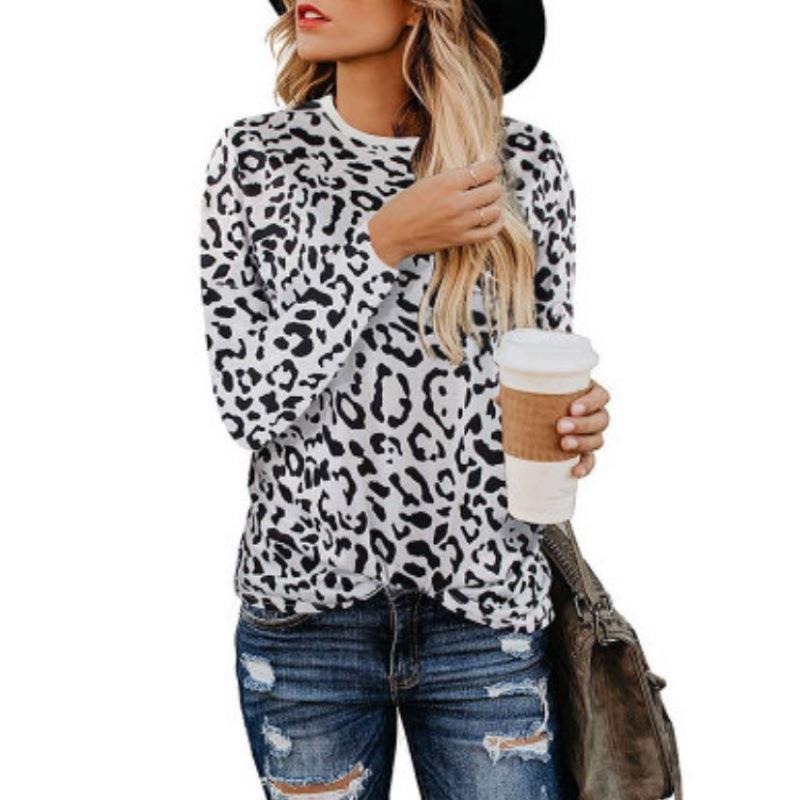 Leopard Print Women's T-Shirt Round Neck Long Sleeve Top