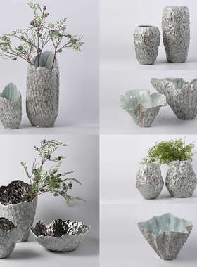 现代简约新中式荷叶边花盆花器摆件样板间售楼部客厅玄关花瓶装饰