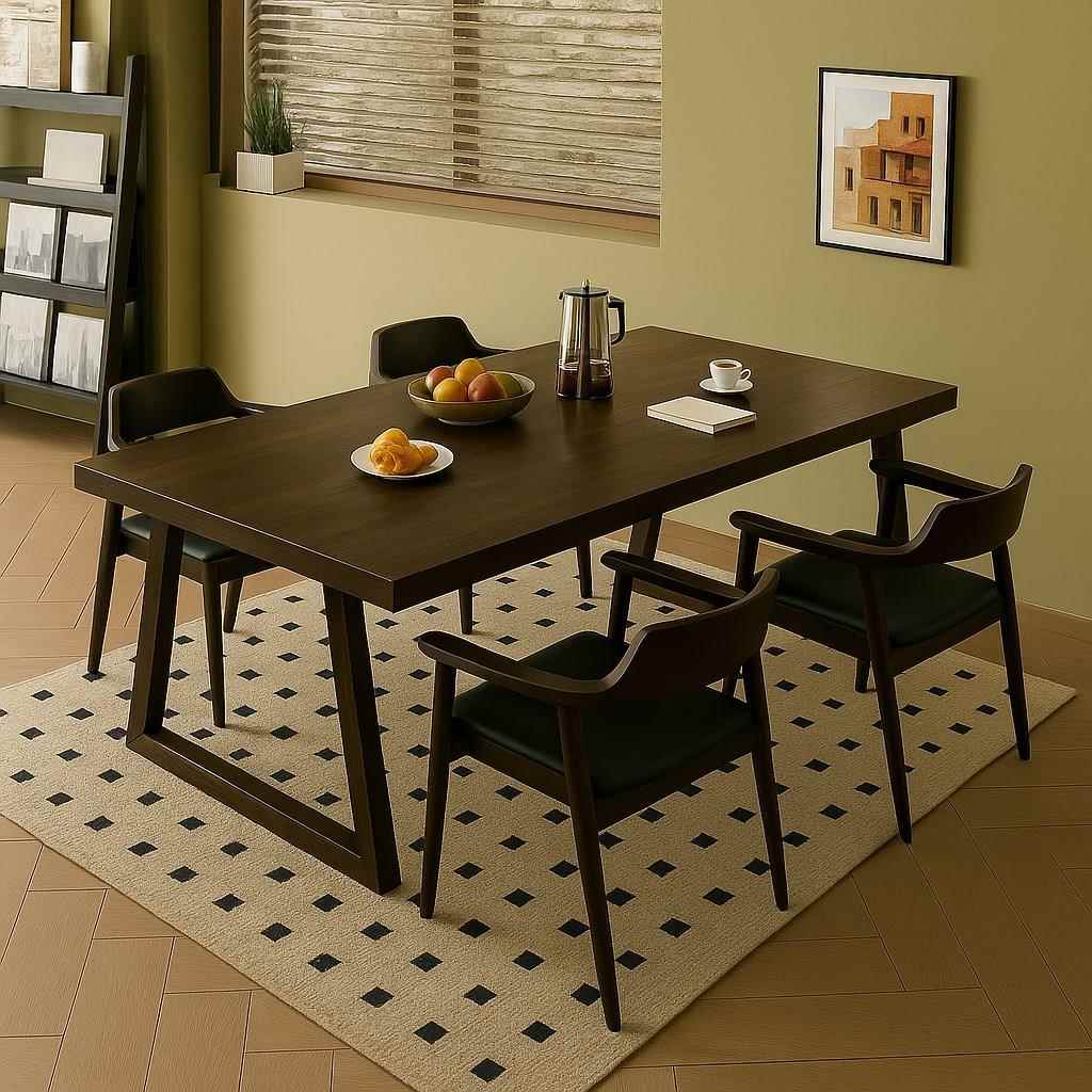 中古风黑胡桃色大板餐桌简约家用长方形客厅饭桌实木腿餐桌椅组合