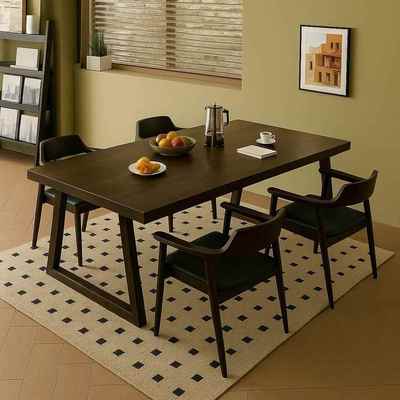 中古风黑胡桃色大板餐桌简约家用长方形客厅饭桌实木腿餐桌椅组合