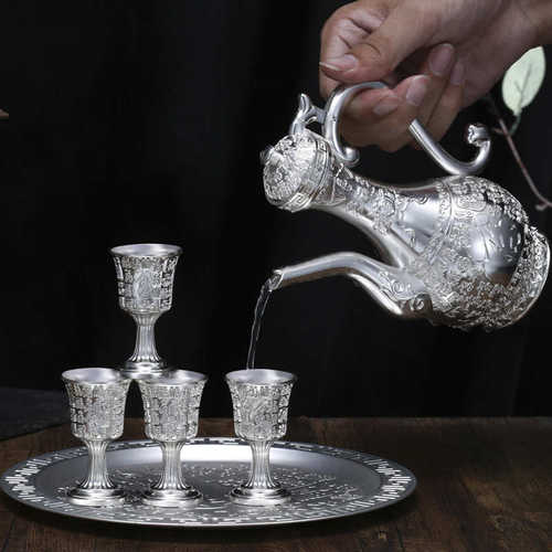 酒具白酒锌合金银色酒具复古酒壶套装摆件金属工艺品酒杯龙凤