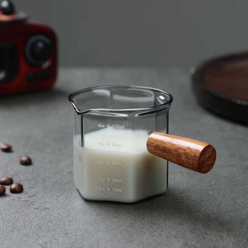 硼硅咖啡杯玻璃带刻度意式浓缩咖啡萃取量杯木柄奶盅奶盎司杯