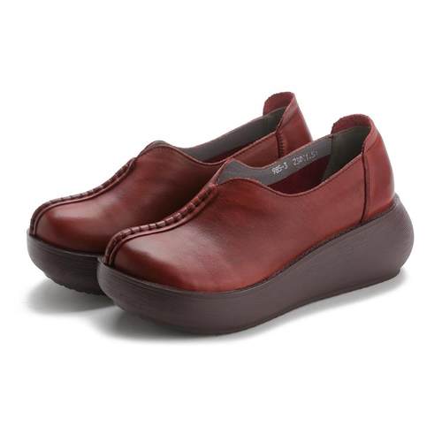 正品9853酒红厚底包鞋古软底皮真皮妈妈鞋松糕鞋民族风覆鞋原创中