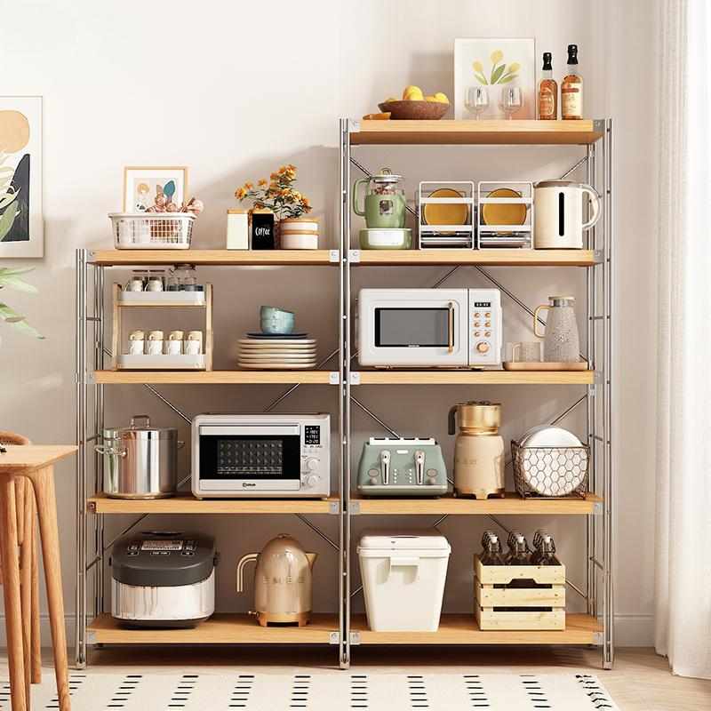 日式钢木置物架落地多层家用客厅厨房收纳架子简约卧室书架储物