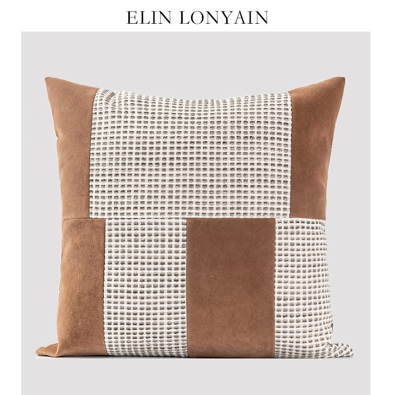 ELIN LONYAIN现代简约卡其色麂皮绒拼接靠垫抱枕样板房方枕腰枕