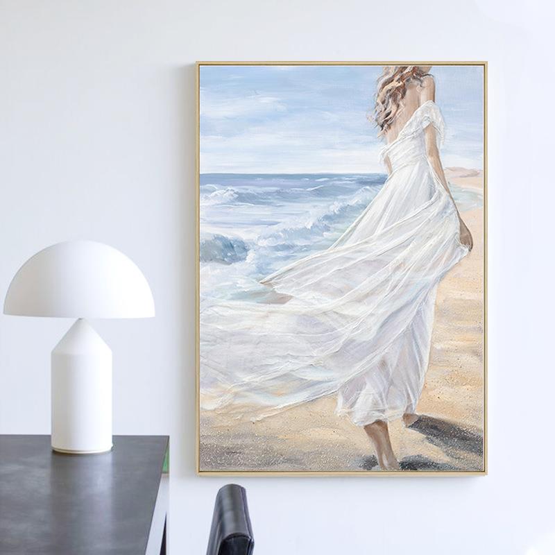 海边气质美女手绘玄关人物油画样板间高端装饰画外贸出口独特挂画