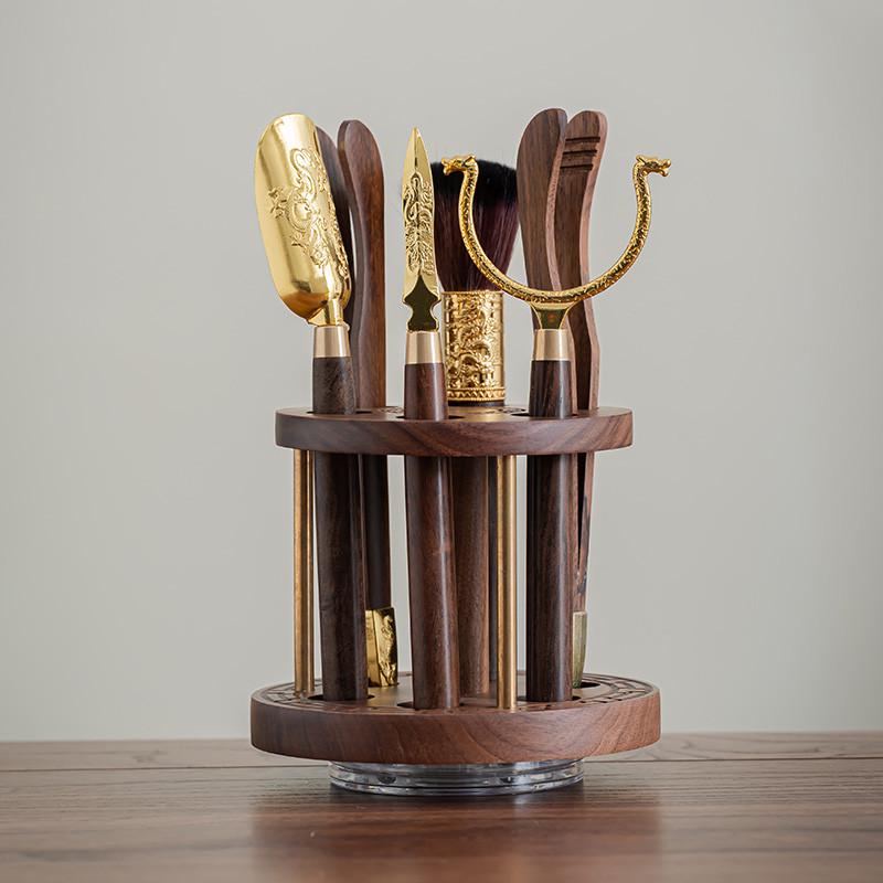 创意胡桃木茶道六君子便利收纳圆形盒多孔位茶具配件高档茶台茶桌