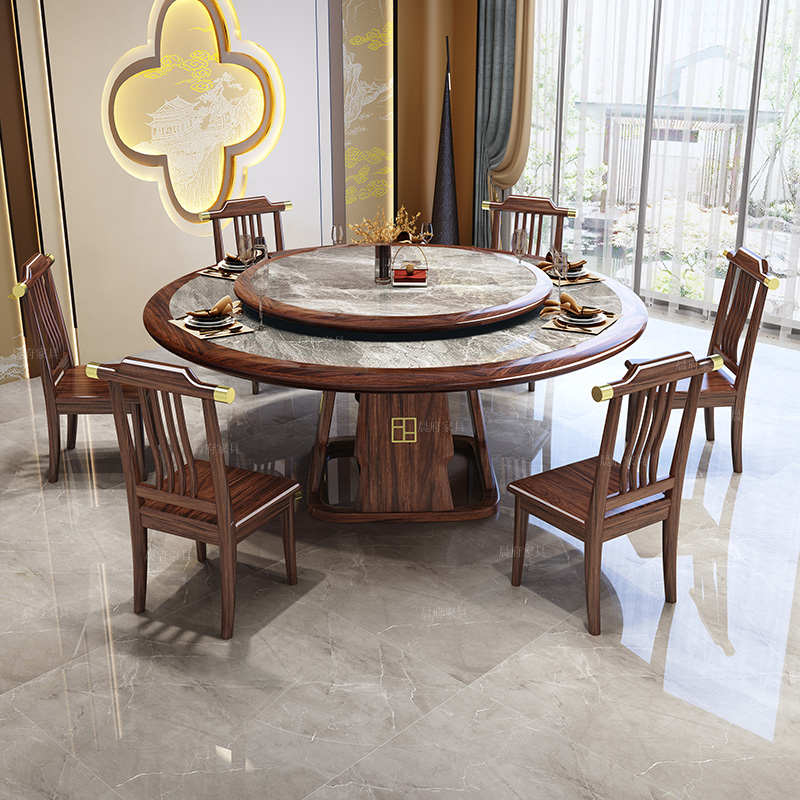 乌金木实木餐桌新中式岩板圆形饭桌家用轻奢2m吃饭大圆桌组合12人