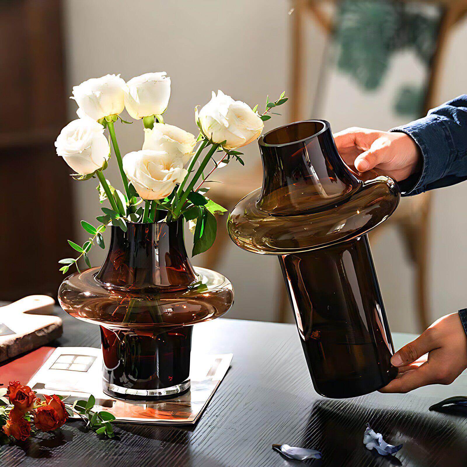 花瓶，高端客厅桌面插花，咖啡色水培玻璃花容器，无障碍豪华入口