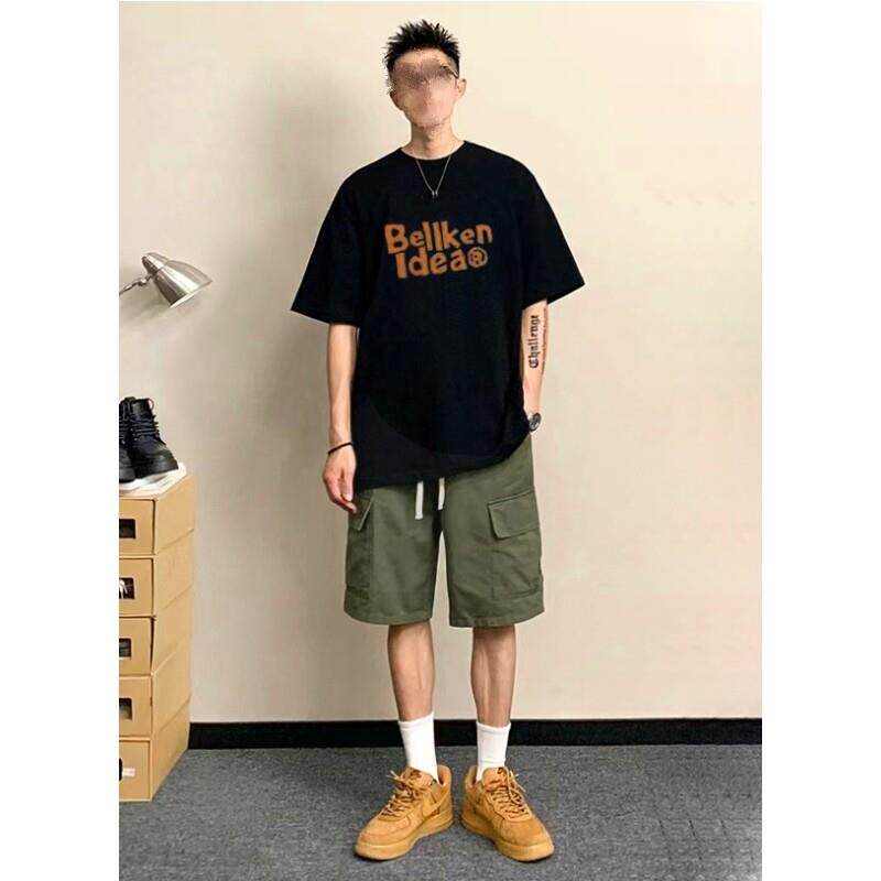 香港潮牌日系休闲圆领重磅纯棉字母印花T恤情侣短袖男夏复古宽松