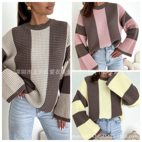 Women's long sleeved color blocked pullover sweater in