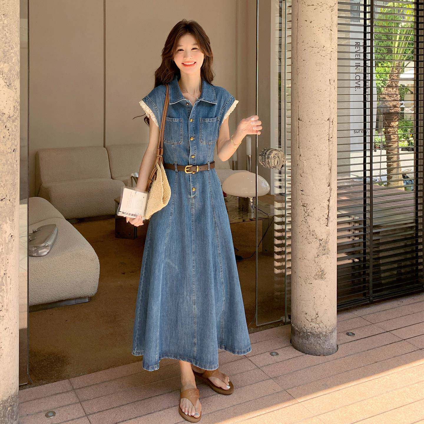 牛仔洋装女2026夏季新款韩系蕾丝边衬衫裙中长版独特漂亮收腰裙