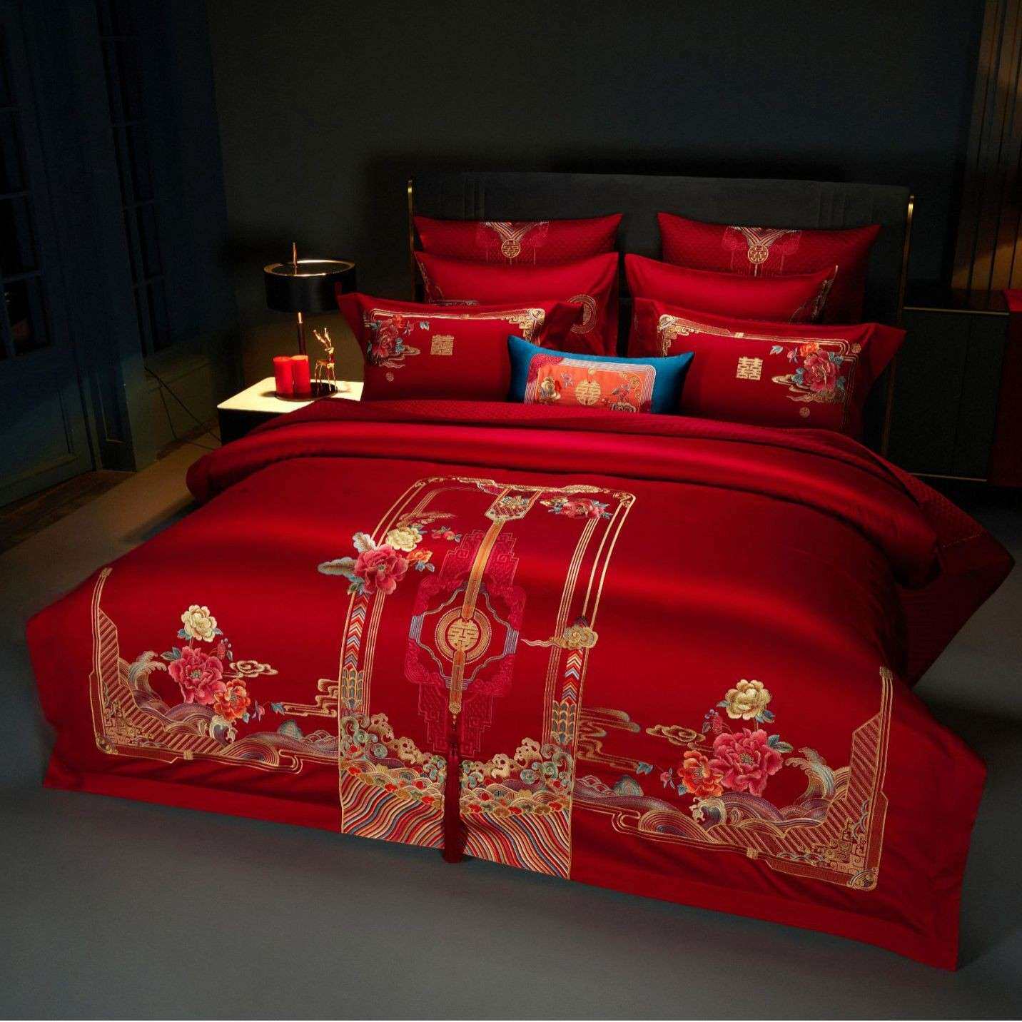 婚庆家纺红色四件套长绒棉花卉刺绣结婚床上用品婚房布置陪嫁中式
