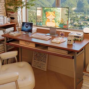 小户型覆中古实木电脑桌子阳台家用卧室抽屉学习写字书桌极窄办公